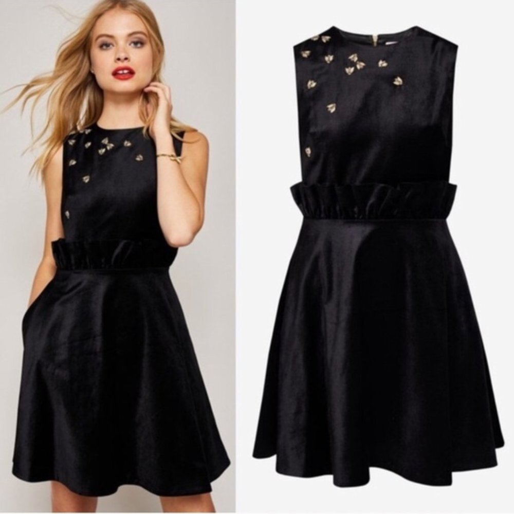Ted Baker Queen Bee Ruffle Waist Black Velvet Dress
